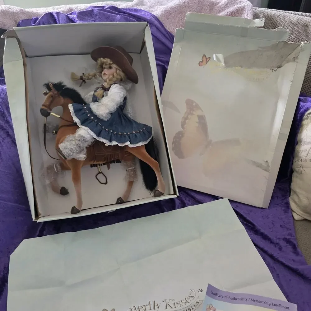 Butterfly Kisses Precious Collectibles Porcelain Cowgirl Doll on Horse –...